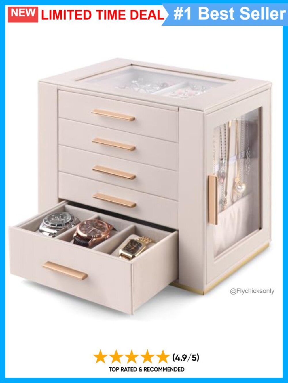5-Layer Jewelry Box PU Leather Glass Lid